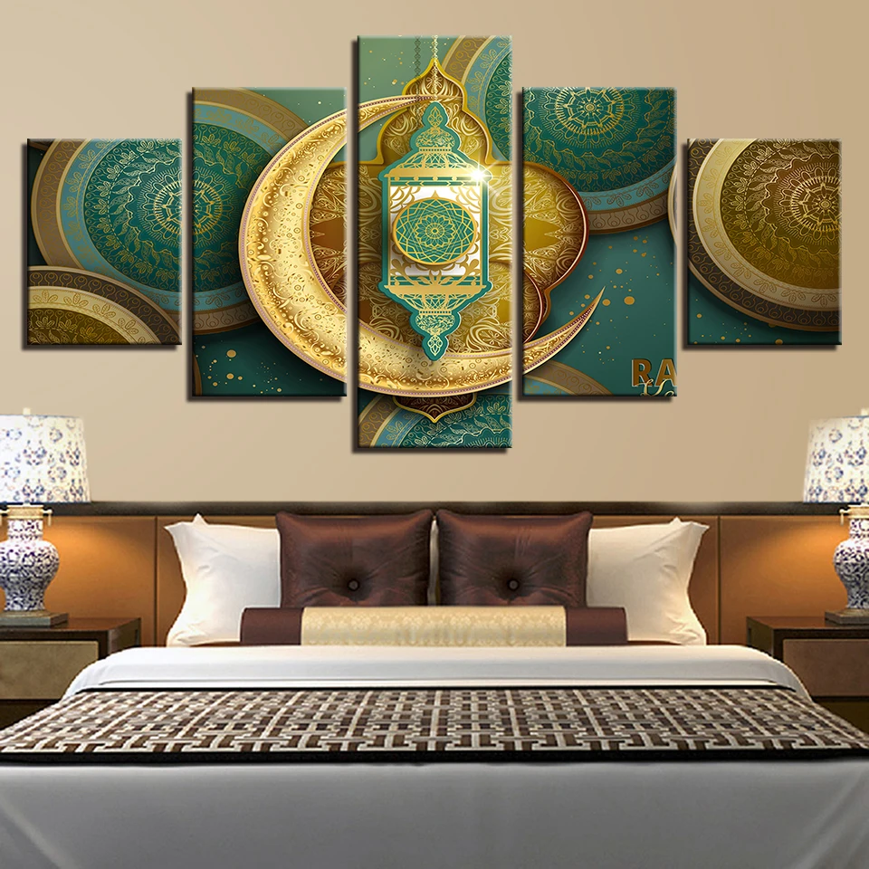 

Canvas HD Prints Pictures Home Decor 5 Pieces Islam Allah The Qur'An Gold Moon Painting Modular Wall Art Muslim Poster Framework