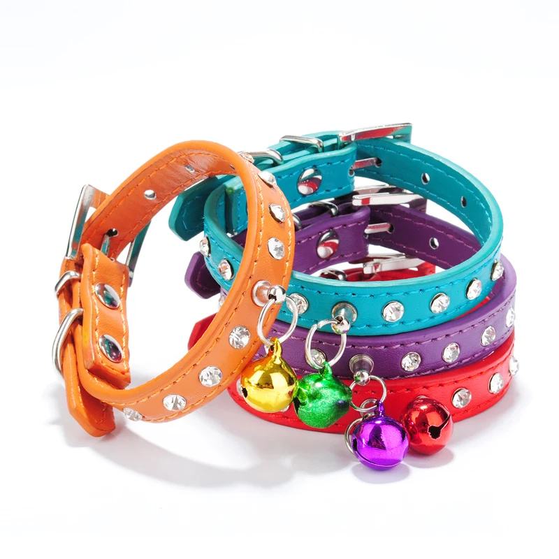 

Small Dog Collar Crystal hot bling Rhinestone pu leather Puppy Cat Collars Necklace Neck Strap with bells pet products collar