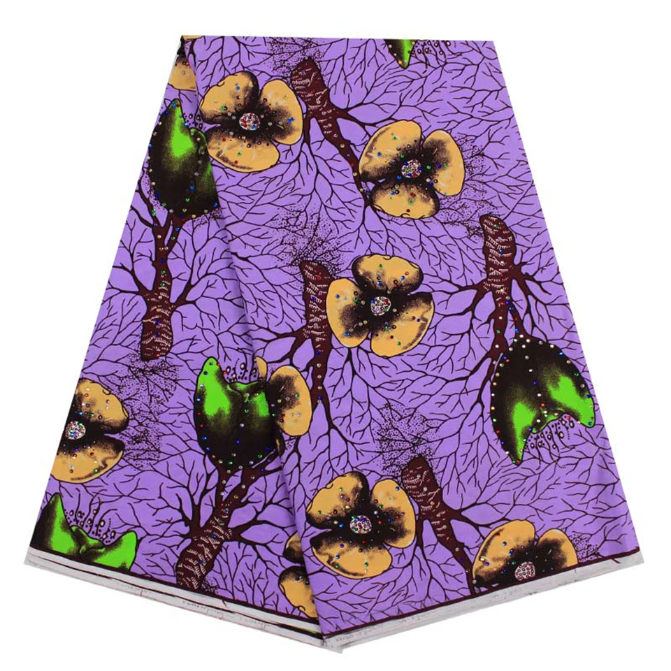Latest Purple African Fabrics Block Wax Prints with glitter stones 100