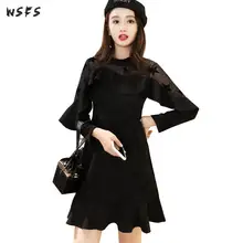 Otoño mujer vestido negro transparente manga larga Vintage volantes fiesta vestido ajustado sexi Oficina señoras estrella Mini Aline vestidos