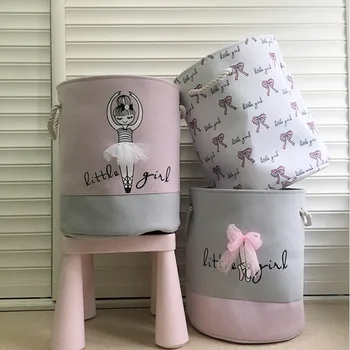 

1 pcs 35*40cm Laundry Basket Home Storage Tools Toys Organizer Cartoon Ballet Girl Bow Print Cotton Linen Storage Bucket