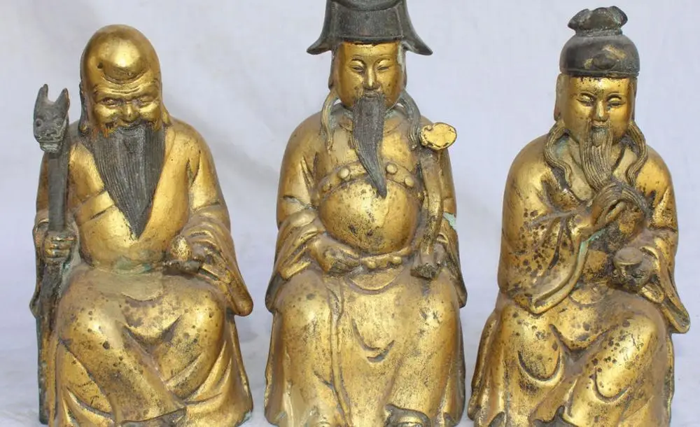 

8" Old Bronze Gilt Blessing Fu Lu Shou 3 immortal God Dragon Ruyi Set Statue