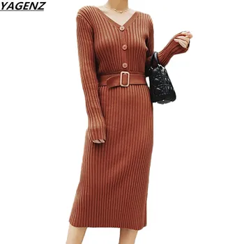 

2017 New Autumn Winter Dress Fashion V-neck Sexy Female Knit Dress Slim Long-sleeved Temperament Sweater Dress Female YAGENZ 746