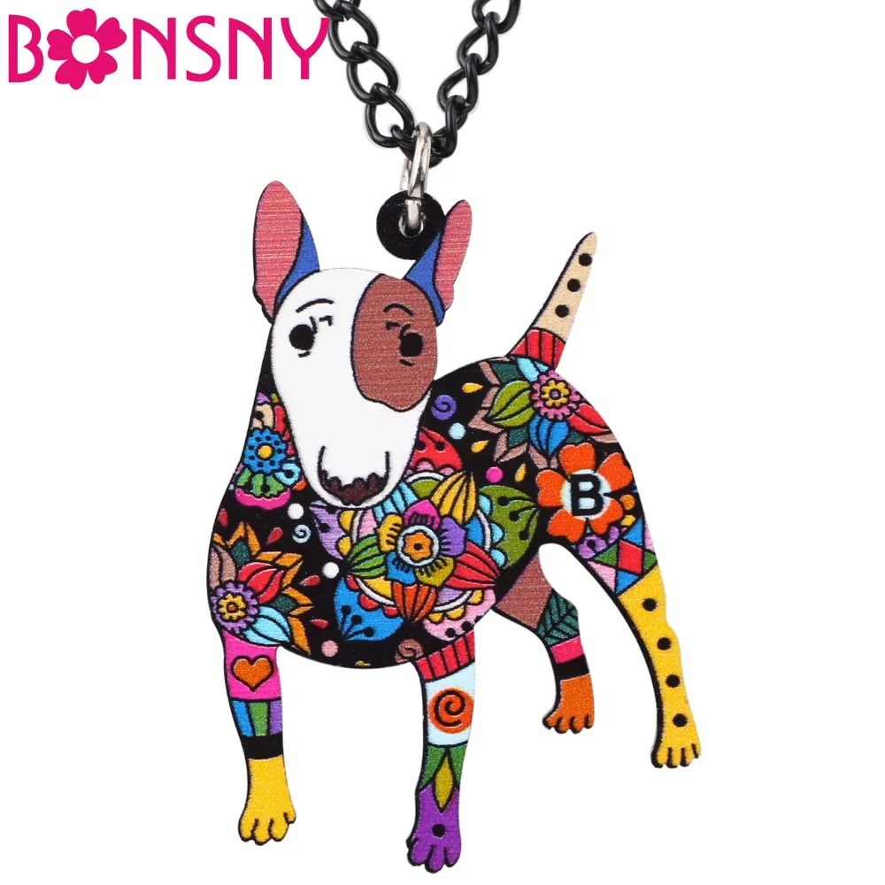

Bonsny Acrylic Bull Terrier Dog Necklace Cartoon Pendant Chain Collar Choker Pendant Animal Fashion Jewelry For Women Girs New