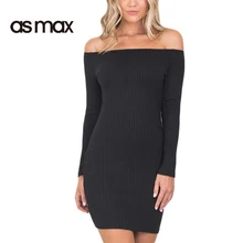 asmax 2017 Summer Black Solid Slim Women Dress Off Shoulder Knitted Sheath Mini Dress Casual Empire Chic Female Warp Dress