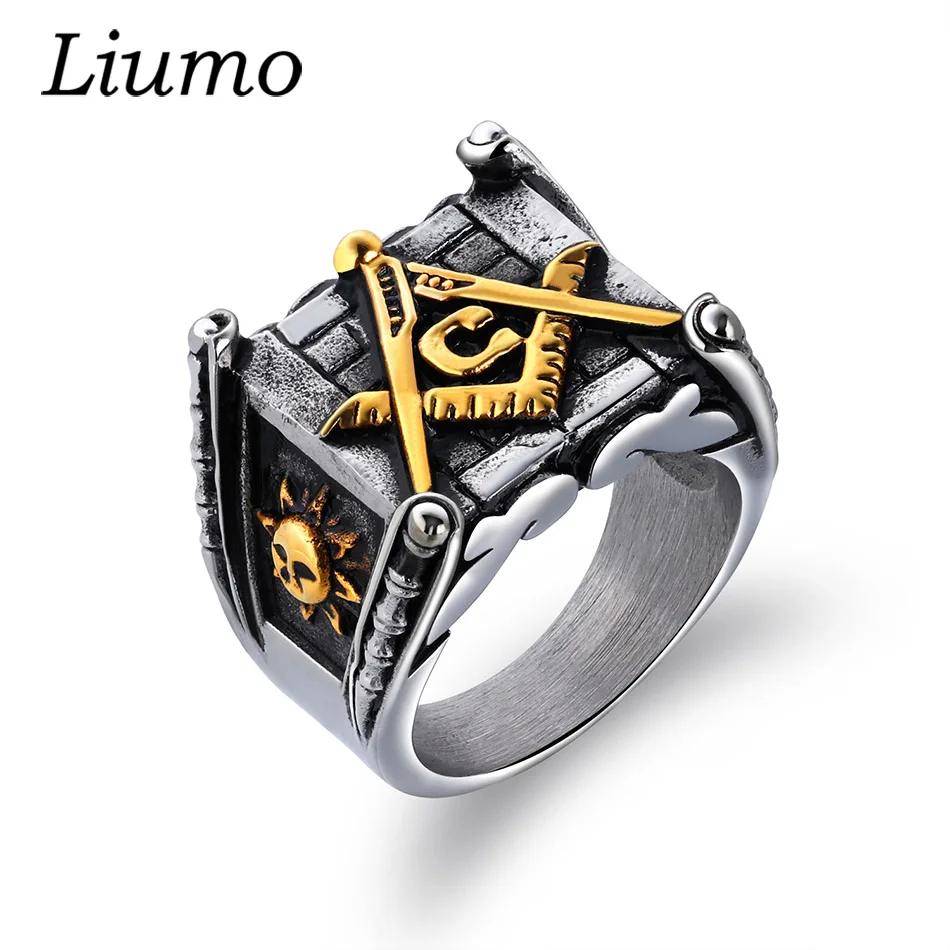 

Liumo Gold Color Sun Moon Masonic Men Punk Style Fashion Biker 316L Stainless Steel Ring Lr779