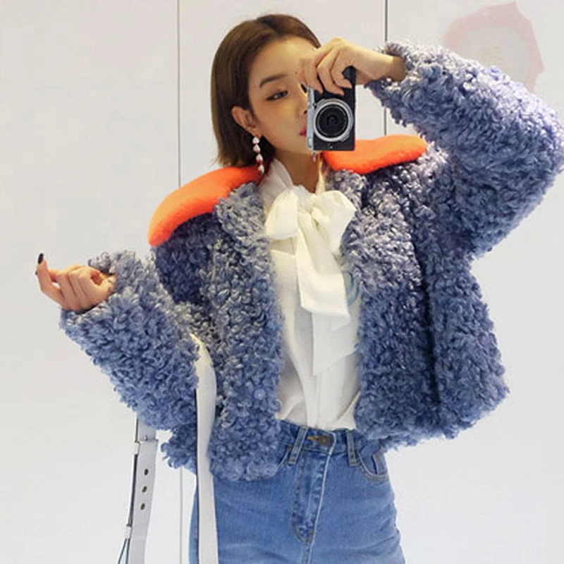 

2018 Winter Women Cute Patchwork Turn down Collar Faux Fur Coats Fake Lamb Wool Fur Female Short Fur Jackets Outerwear W1490