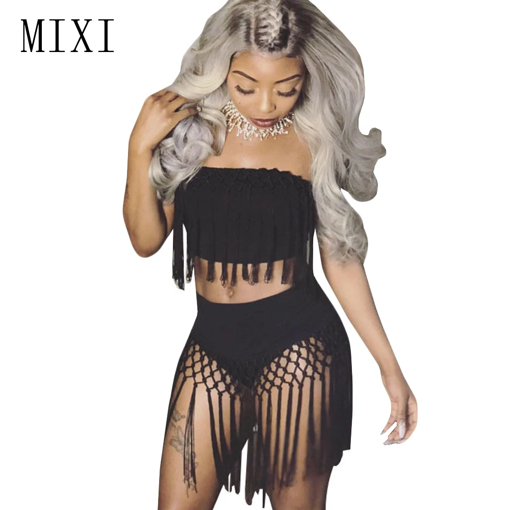 للانترنت مثير شرابة داخلية حمالة النادي الليلي ارتداء النساء Bodycon بذلة رومبير اثنين من قطعة مجموعة وزرة الصيف شاطئ Playsuits