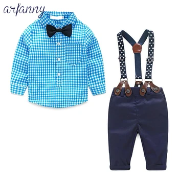 

Newborn Baby Set/Gentleman Suit Plaid Shirt + Bow Tie + Suspender Pants 3-12 months baby boy tops