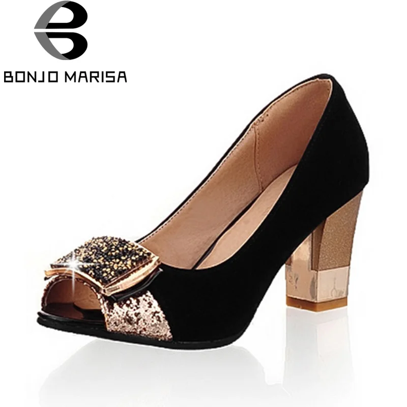 BONJOMARISA/Коллекция года; сезон весна-осень; модные туфли-лодочки с открытым носком; женские туфли на высоком каблуке с металлическим украшением; большие размеры 32-43