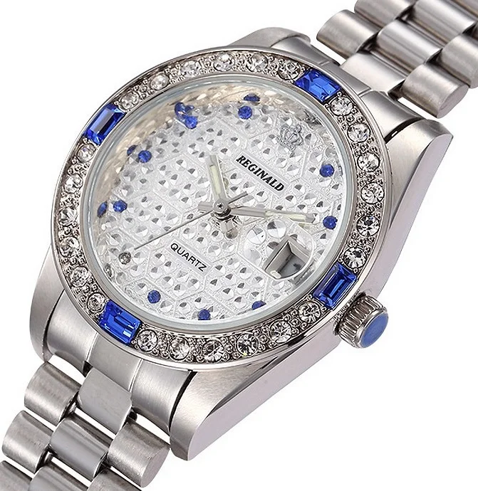 Качественные Брендовые Часы для женщин, топ класса люкс, полностью стальные бриллианты, драгоценный камень, календарь, унисекс, кварцевые наручные часы для мужчин, наручные часы - Цвет: Серебристый