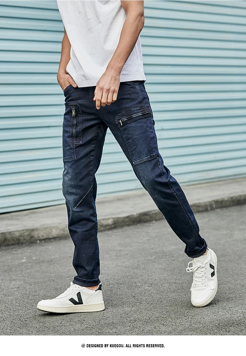 KUEGOU осенние мужские джинсы-карго, брендовые облегающие рваные брюки для мужчин, модные уличные джинсы в стиле хип-хоп, 2938