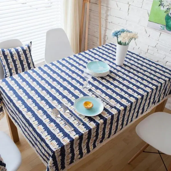 Linen Table Cloth Cartoon House Print Blue Rectangle Cotton Coffee Table Cover Tablecloth with
