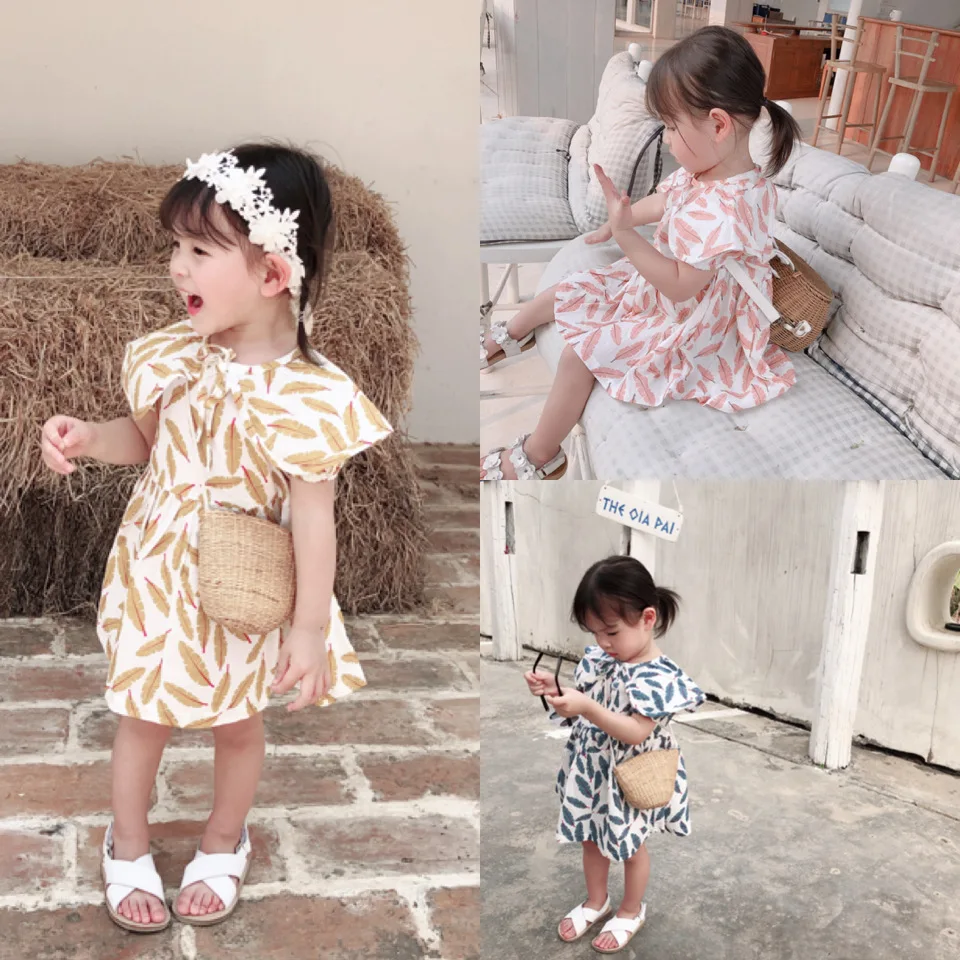 Коллекция года, новые летние хлопковые платья для девочек корейские Детские Dress1-6y с цветочным принтом и листьями свободные кружевные платья принцессы для маленьких девочек
