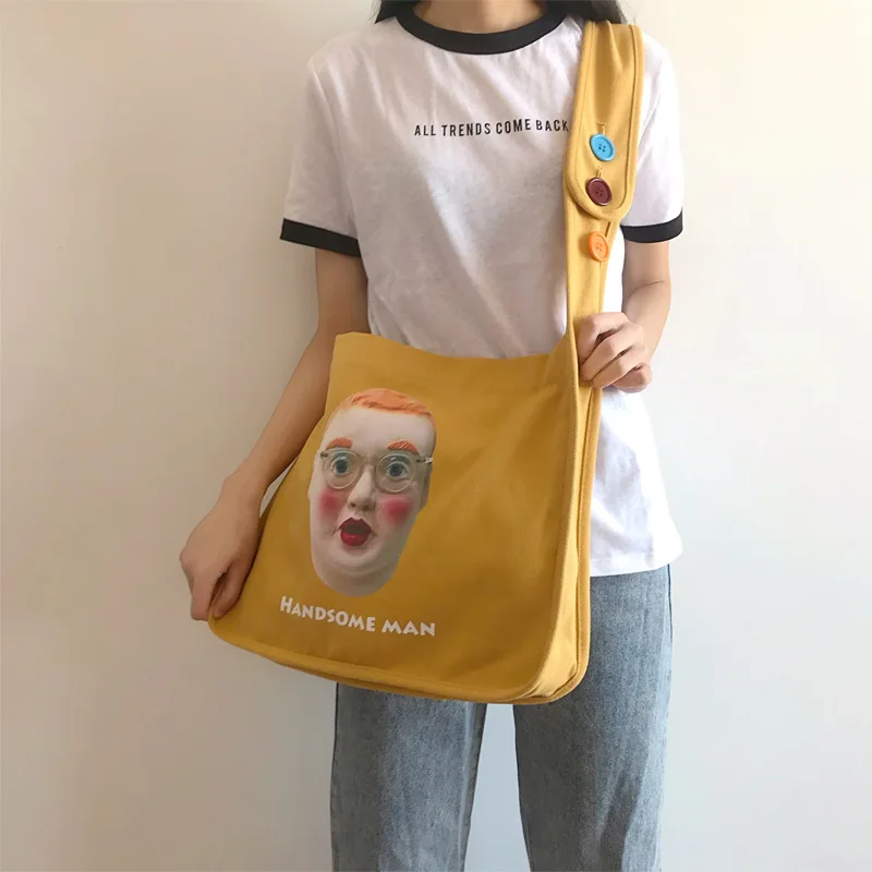 Желтый хлопок холст эко крест средства ухода за кожей сумка мессенджер кнопка для сумки ремень печати красивый человек CY