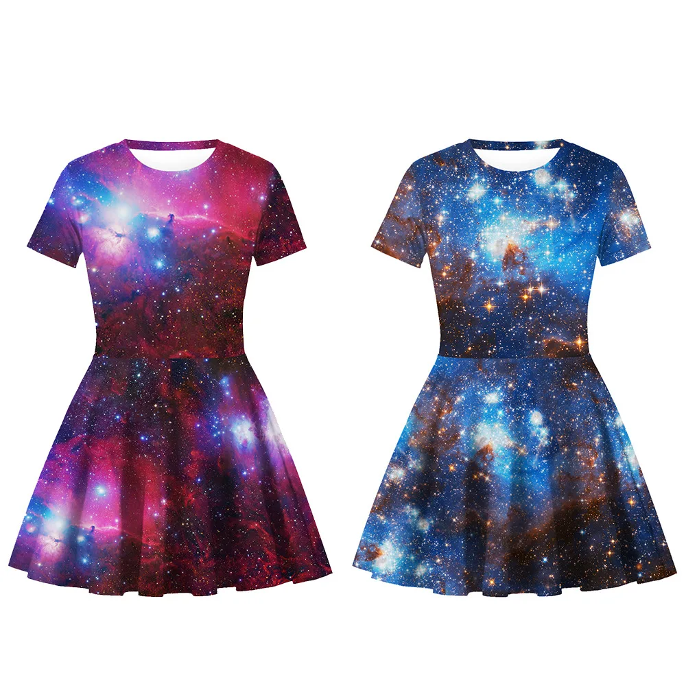 

Girl's O-neck short Sleeve 3D Digital Print Galaxy Outer Space Knee Length A-line Summer Dresses Cute 3D Top Dresses