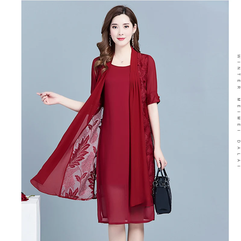 

Middle Age Women Summer Dress 2019 Vintage Print Two Piece Dress Plus Size Elegant Fashion Office Workwear Chiffon Dress OK207