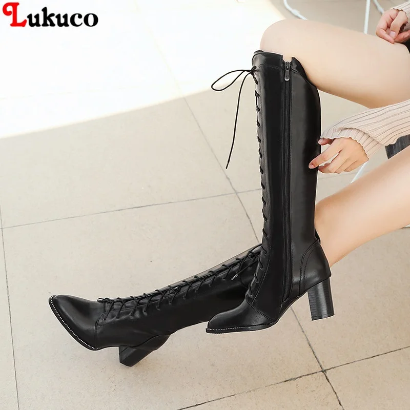 

New Sale Lukuco brand women shoes woman boots large size 34-48 winter knee high boots square high heels shoes sexy party boot
