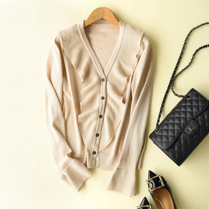 ZEANGSEA-2018 spring and autumn new sweater sweater jacket V-neck ruffled trumpet sleeve fashion wild thin section breathable 