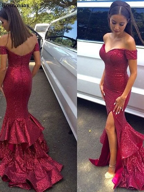 

2019 Side Split Mermaid Evening Dresses Long Off Shoulder Tiered Skirts Sweep Train Sparkle Long Prom Party Dresses Formal Gowns