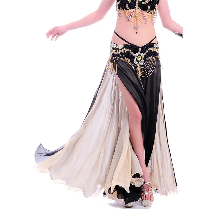 New Big Full Belly dance Skirt Professional Expansion Bellydance Dress Performance Costume 2 Slits Dual Color Top Chiffon Skirts