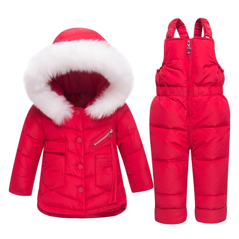

2018 New Winter Baby Boys Girls Duck Down Snowsuits Jacket Children Fur Parkas Ski Set Russia -30 Degrees Kids Clothes Overalls