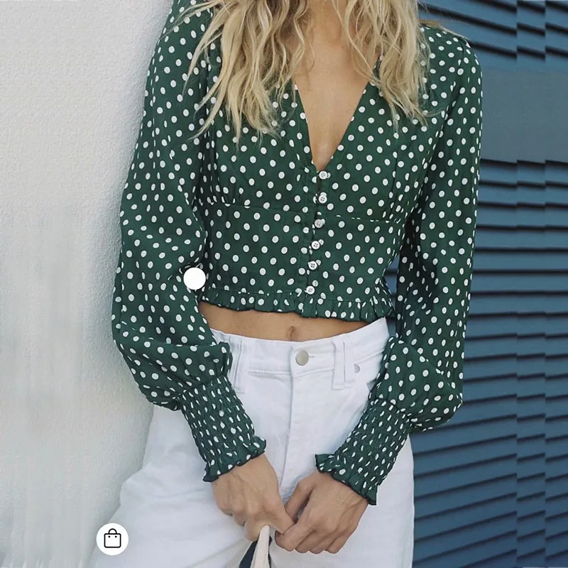 yinlinhe Green Polka Dot Women Blouse Long Sleeve V neck Sexy Crop Summer Tops Button Shirts Elegant Ruffles Clothing 2