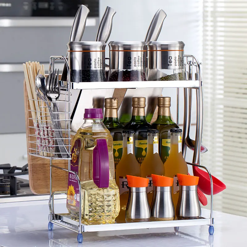  Kitchen shelf vertical metal 2 layer seasoning rack knife stand chopsticks spoon scoop rack tablewa - 32918569191