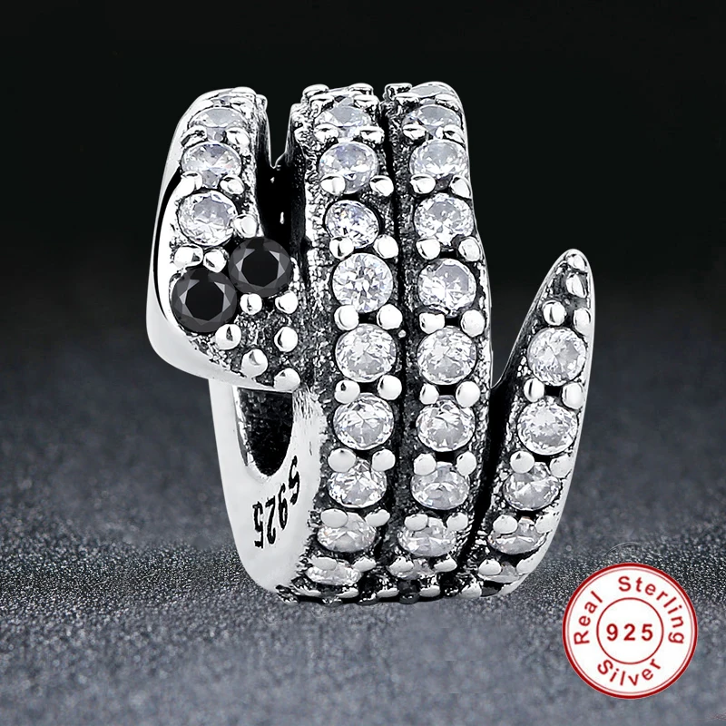 ELESHE Christmas Gift 925 Sterling Silver Snake Beads Clear CZ & Crystal Charms Fit Original Bracelet Necklace DIY Jewelry