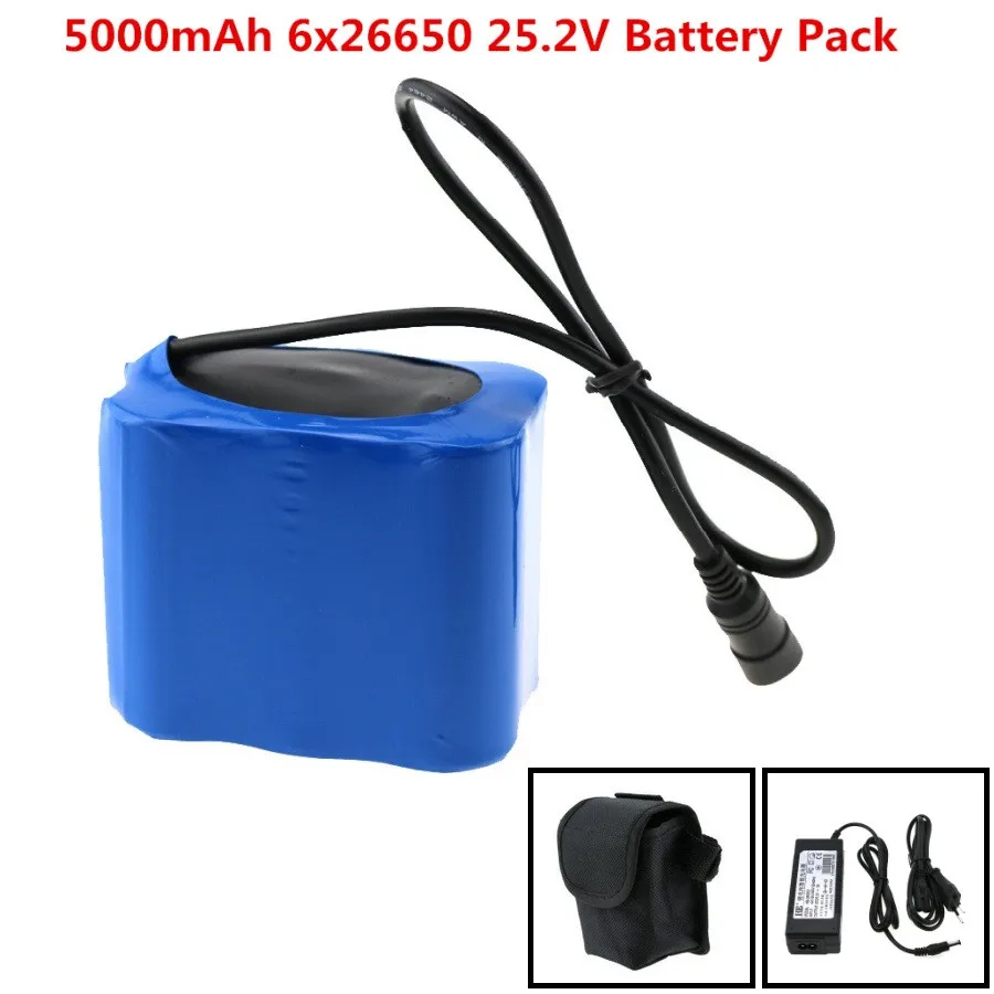 

5000mAh 24-25.2V 26650 Battery Rechargeable 6*26650 Battery Pack With Magic Bag For LED Bike Lights Headlights + Battery Charger