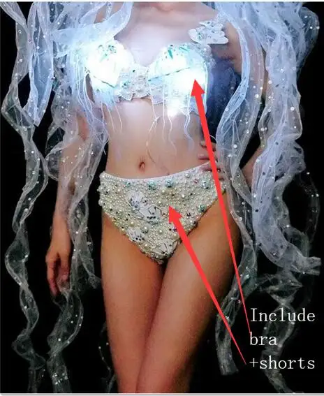 Сексуальное Белое жемчужное бикини женский костюм светодиодный бюстгальтер с кристаллами шляпа ночной клуб бар сценический наряд модель Подиум DJ представление танцевальная одежда - Цвет: Bra Shorts