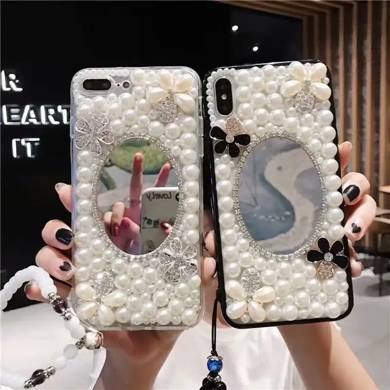 XINGDUO Luxury Pearl phone case for iphone X XS XR MAX Bling diamond flower makeup mirror cover iPhone 6 7 8 6s plus | Мобильные