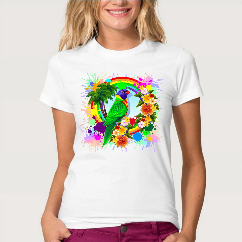 

New Summer Rainbow Lorikeet Tropical Colors Explosion Design Women's Short Sleeve Parrot T-shirt Casual Tops Novelty Tees