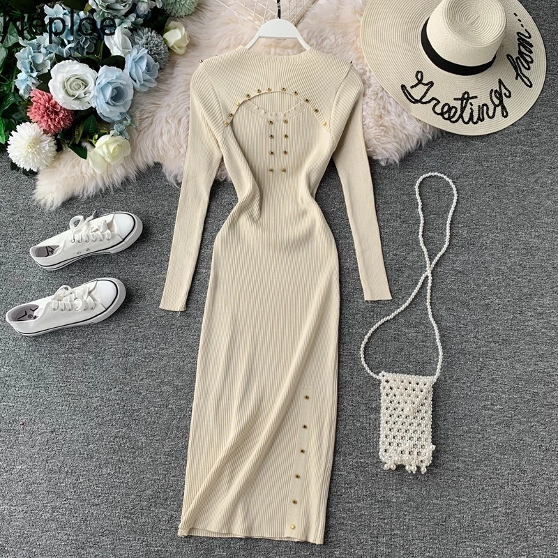 

Neploe Nail Bead Hollow-out Slim Knitted Dress Long Sleeve O-necl Women Sweater Dresses 2019 Autumn Winter Bottom Vestidos 53499