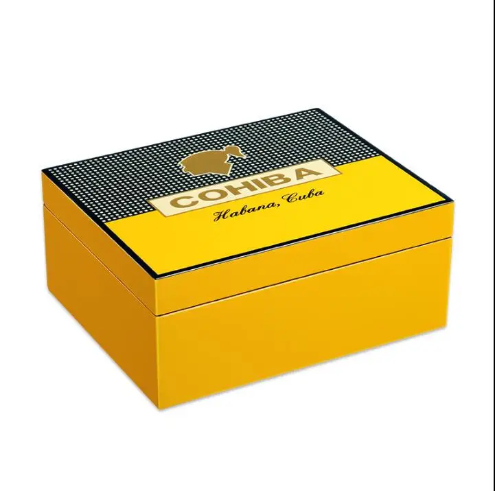 

Factory price High Quality Wooden Yellow Cigar Humidor W/ Cigar Ashtray&Cutter&Hygrometer&Humidifier Six Piece Set