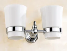 

Polished Chrome Brass Wall Mounted Double Tumbler Holder White Ceramics Toothbrush Cup Bathroom Accessory aba908