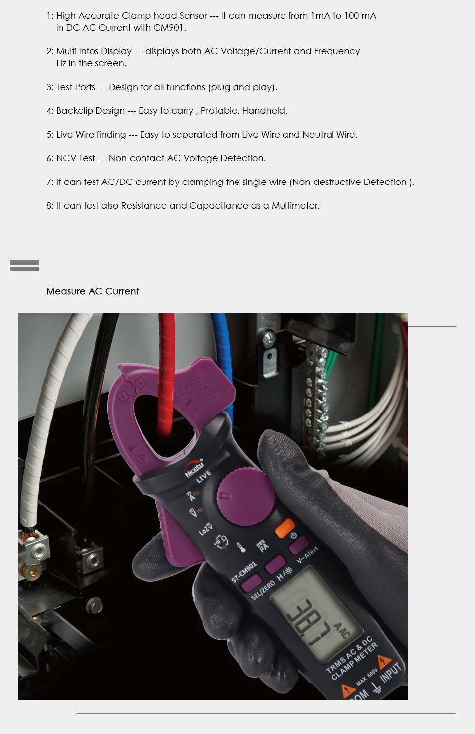 Nicetymeter, ST-CM901, цифровой, AC DC, токоизмерительный прибор, измеритель сопротивления емкости, темература, мини-токоизмерительный прибор, большая челюсть