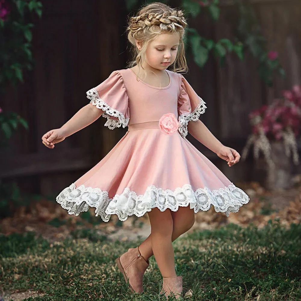 

Kids Baby Girls Dress Lace Floral Party Dress Flare Sleeve Solid Dress Clothes Sukienki Dla Dziewczynek Prinsessenjurken Meisjes