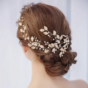 

New golden leaf pearl pure handcraf bride headbands style wedding headdress short brides hair jewelry