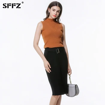 

SFFZ 2019 New Women Sweaters and Pullovers Sleeveless Half Turtleneck Designer Fashion Slim Female Solid Knitted Sweater Tops