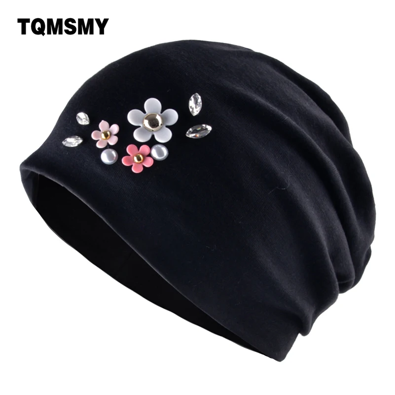 

Casual cotton hats for women winter beanies autumn rhinestone hat Ladys pearl caps girls Turban cap Double Layer Skullies bone
