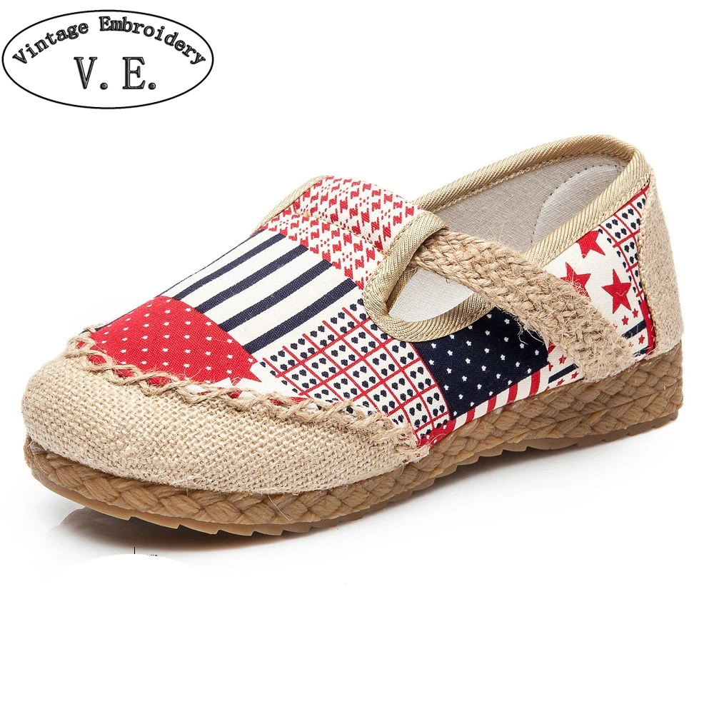 

Casual Women Flats Thai Boho Hemp Linen Shoes Canvas National Handmade Woven Round Toe Woman Loafers US UK Flag Printed Shoes
