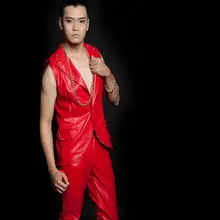 В стиле панк Модные Мужская одежда красный тонкий заклепки кожаный жилет Мужские Певец сценические костюмы Европа Манш Doudoune без Homme жилет мужские