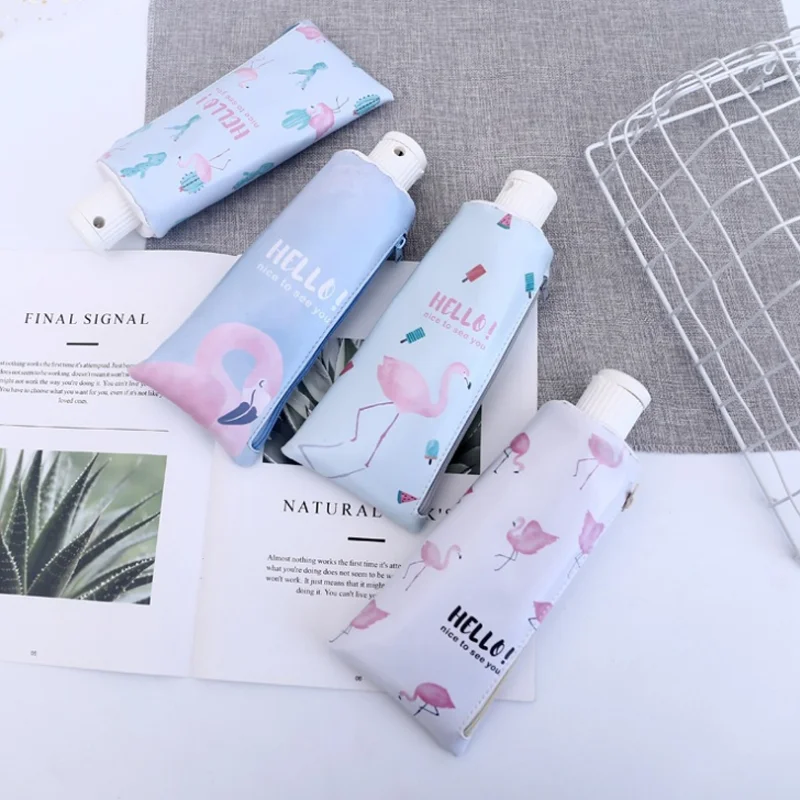 

1 Pcs Cute Pink Flamingo Toothpaste PU Pencil Case with Pencil Sharpener Stationery Large Capacity Pencil Bags Students Gifts