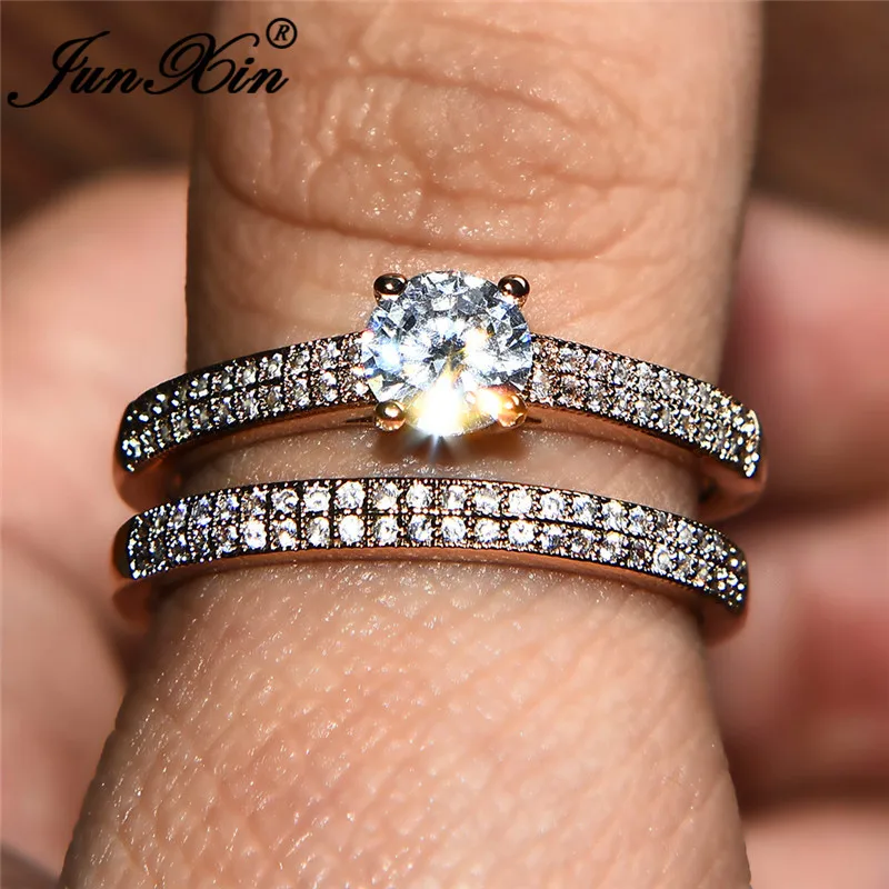 JUNXIN Valentine Jewelry Female Round Ring Sets For Women 925 Silver Rose Gold Filled White Zircon Crystal Promise Wedding Ring