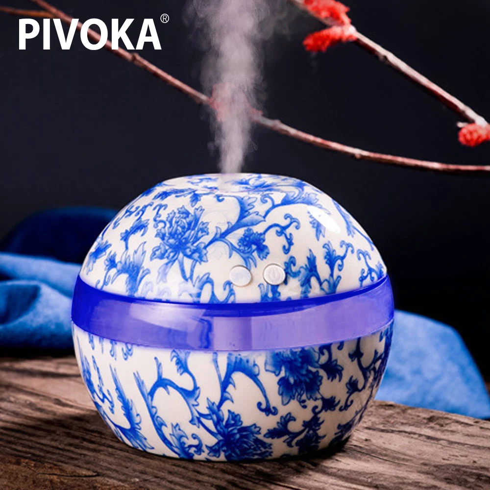 

PIVOKA 300ml Ultrasonic Air Humidifier Blue And White Porcelain USB Essential Oil Diffuser Car Purifier Aroma Mist Maker Hom