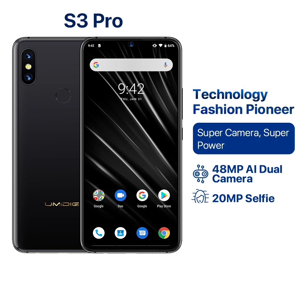 

UMIDIGI S3 PRO Global Bands Smartphone Android 9.0 48MP+12MP+20MP Super Camera 5150mAh Big Power 128GB 6GB 6.3" FHD NFC Ceramic