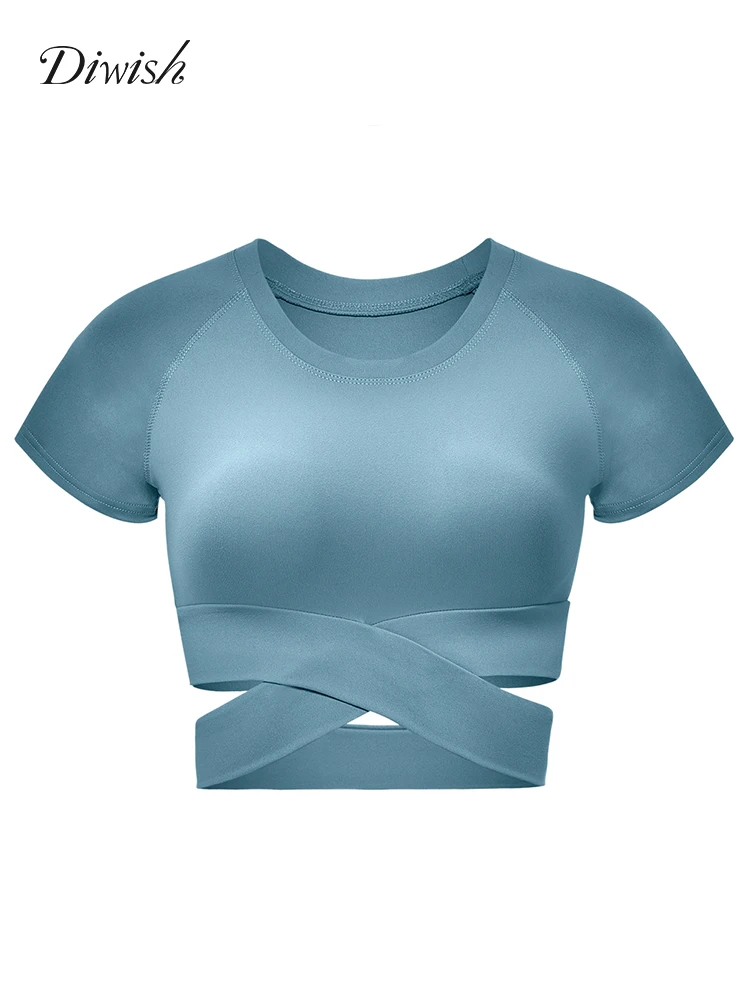 

Diwish Yoga Top Women Gym Top Sexy Exposed Navel Sport Shirt Women Breathable Short Sleeve Running Quick Dry Fitness T-shirt