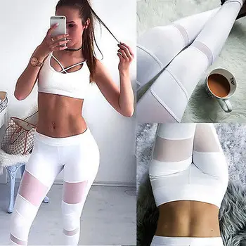 

Women High Waist Fitness Stretch Long Pants Lady Patchwork Mesh Trousers