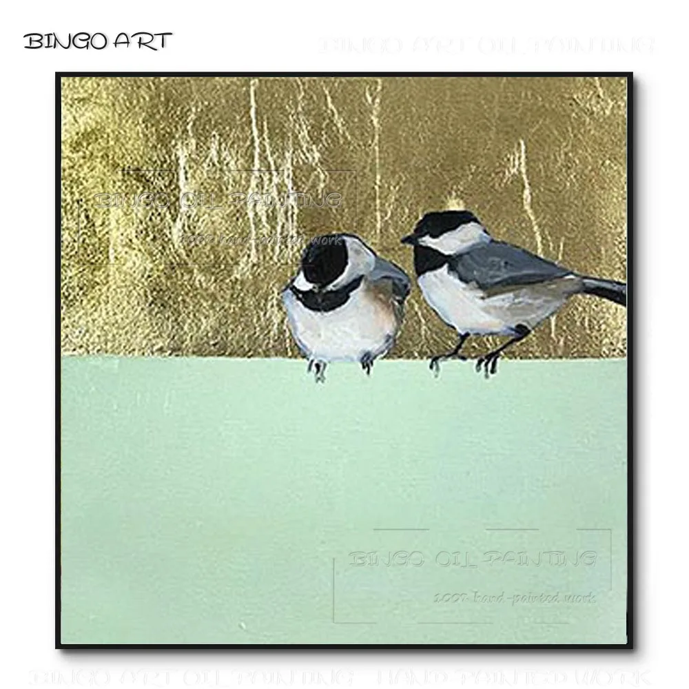 

Handmade Special Design Funny Birds Painting with Gold Foil Oil Painting Beautiful Artwork Handmade Gold Foil Bird Oil Painting